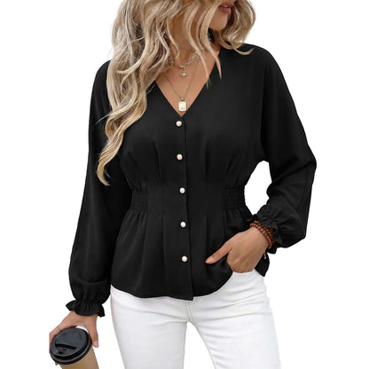 Women V Neck Smocked Waist Button Down Long Sleeve Blouse