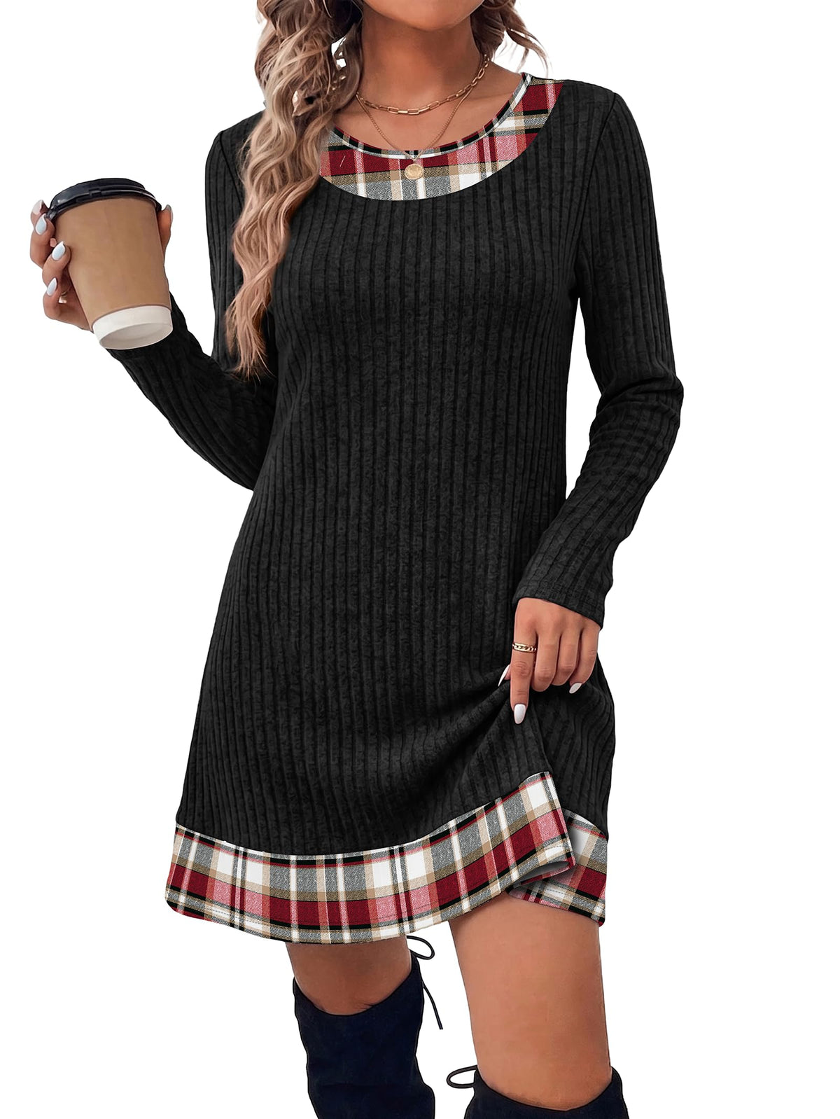 ✨Women Fall Long Sleeve Mini Dress, Plaid Color Block Trim
