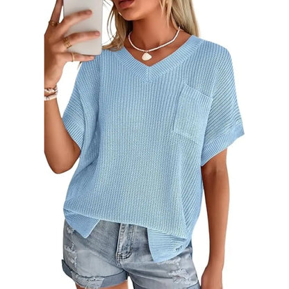 Women Loose V Neck Pocket Short Sleeve Knit Top