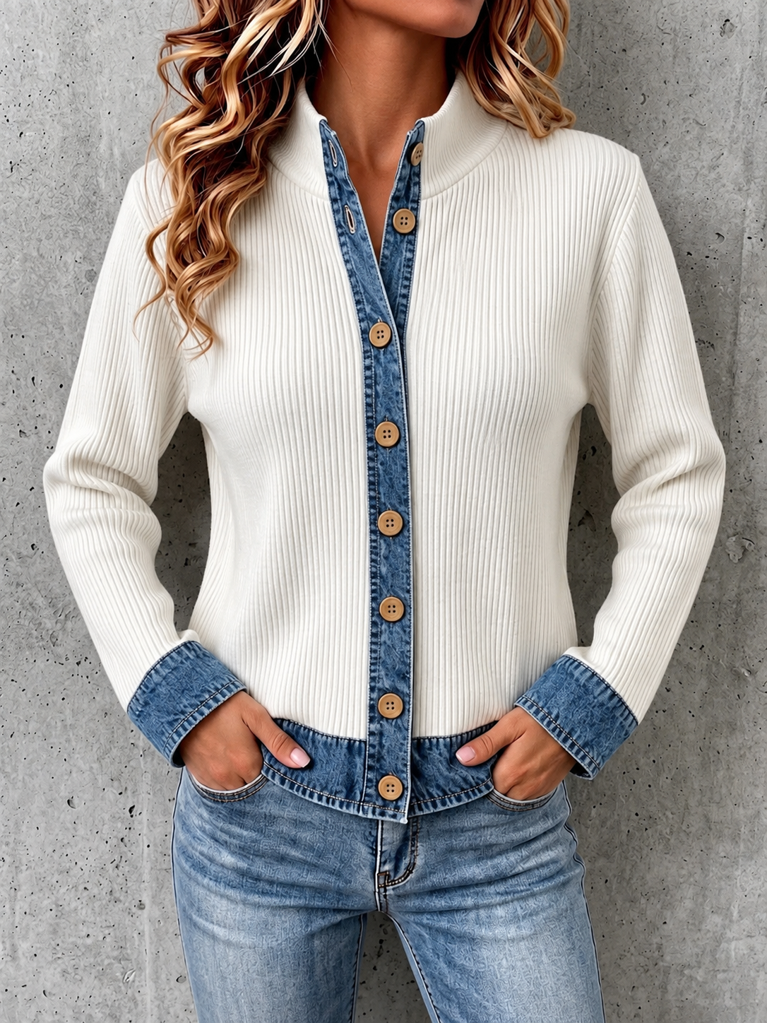 White denim paneled knit cardigan