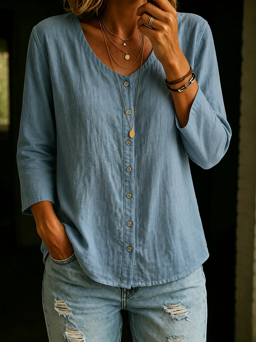 Women's 100% Cotton Casual Button 3/4 Sleeve Shirt
