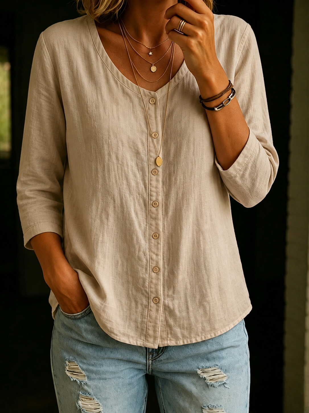 Women's 100% Cotton Casual Button 3/4 Sleeve Shirt