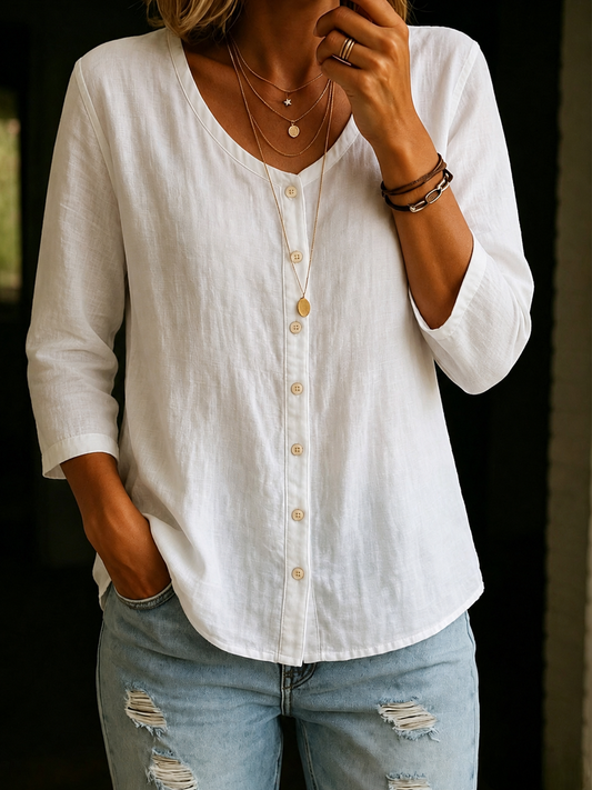 Women's 100% Cotton Casual Button 3/4 Sleeve Shirt