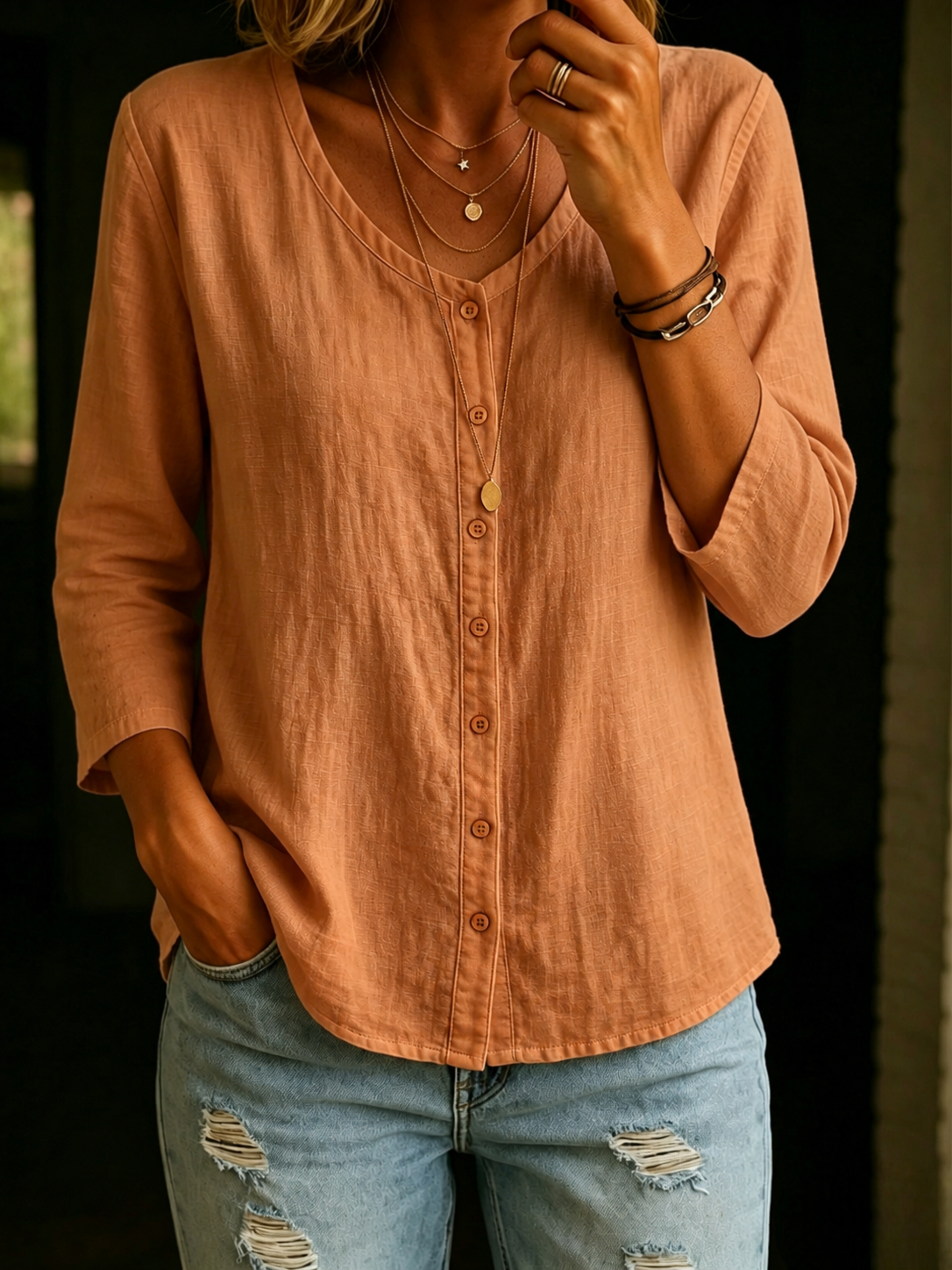 Women's 100% Cotton Casual Button 3/4 Sleeve Shirt