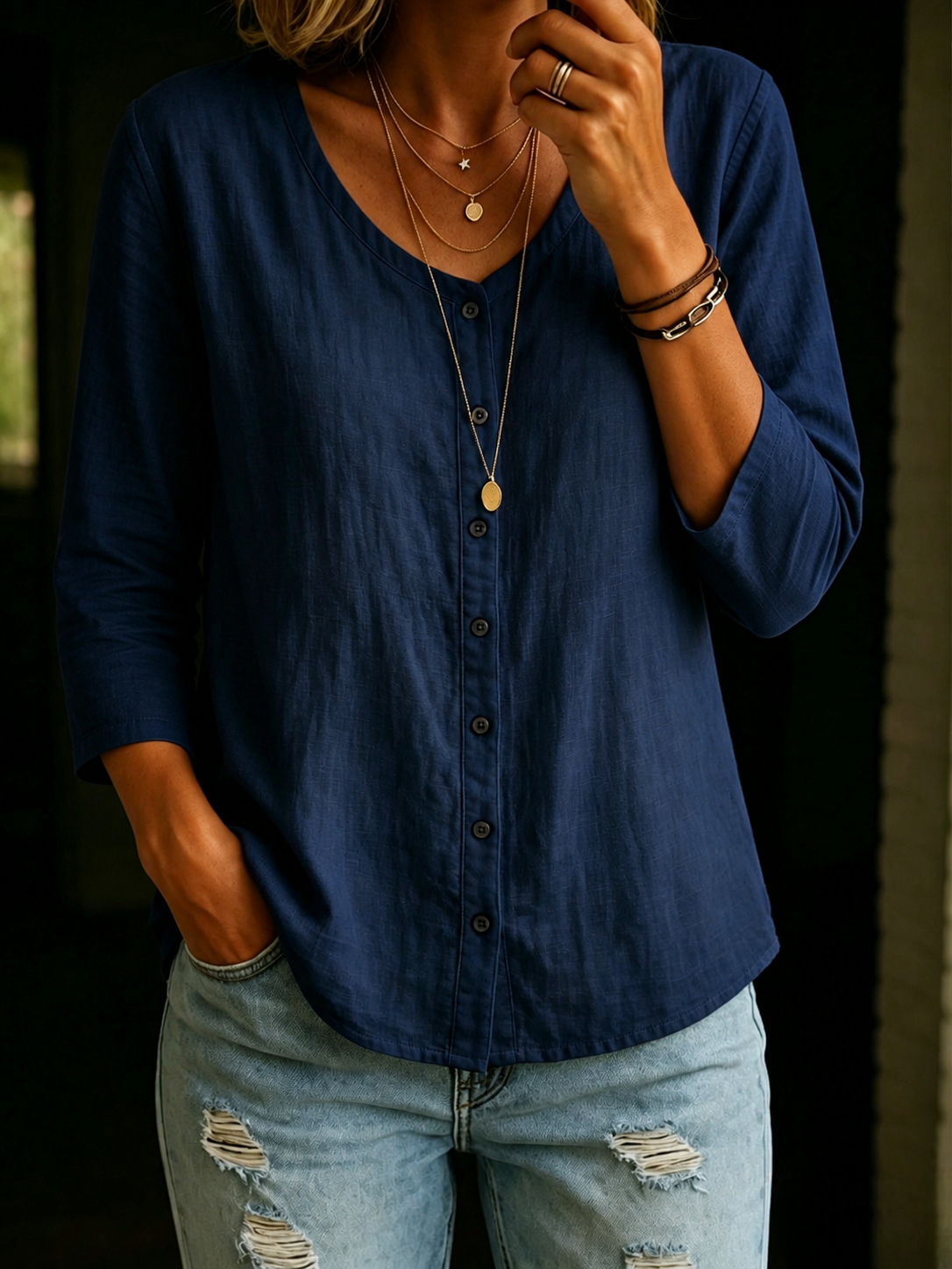 Women's 100% Cotton Casual Button 3/4 Sleeve Shirt
