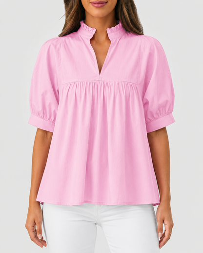 🌸 Women’s Ruffle Neck Puff Sleeve Blouse – Casual V-Neck Babydoll Top ✨