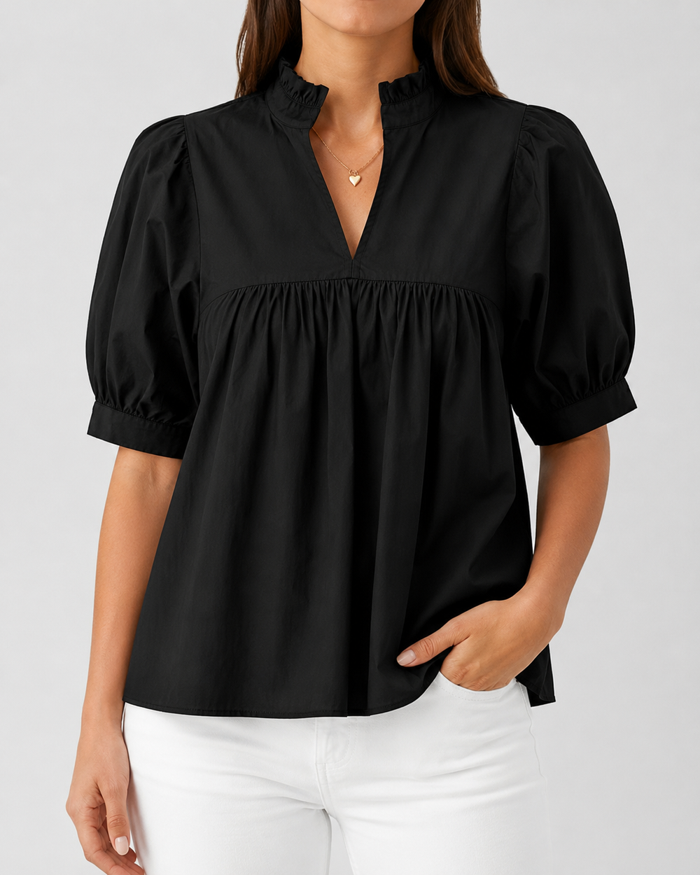 Black ruffle neck blouse