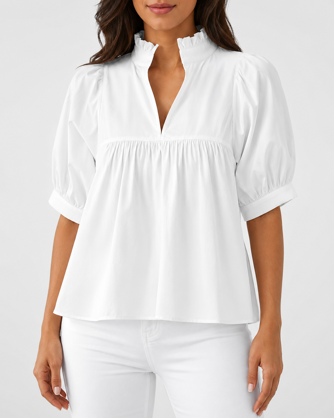 🌸 Women’s Ruffle Neck Puff Sleeve Blouse – Casual V-Neck Babydoll Top ✨