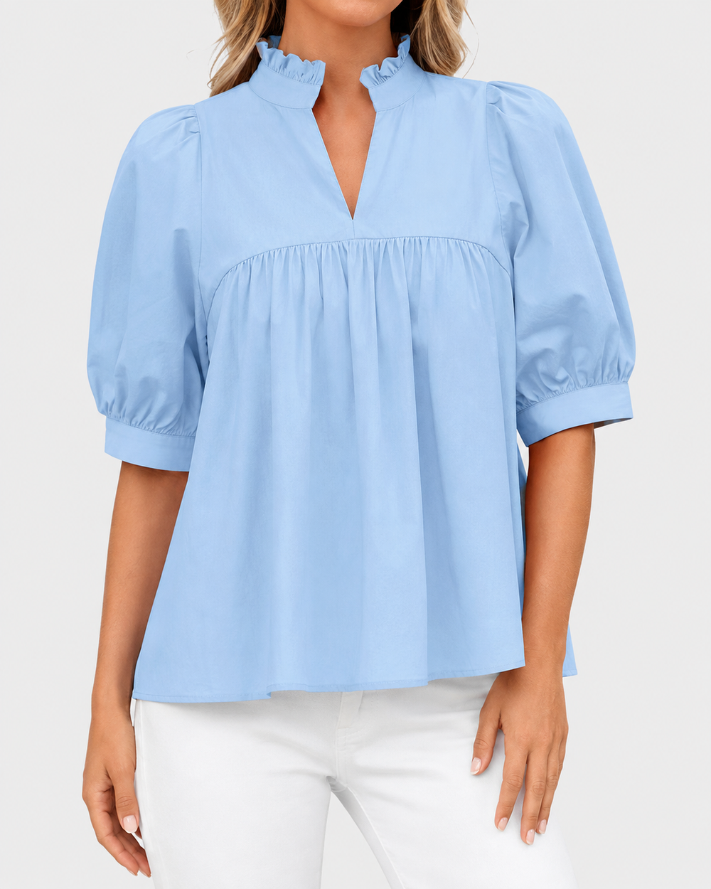 Light blue ruffle neck blouse