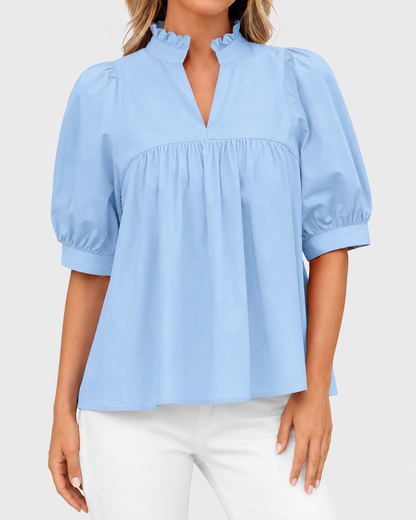 🌸 Women’s Ruffle Neck Puff Sleeve Blouse – Casual V-Neck Babydoll Top ✨