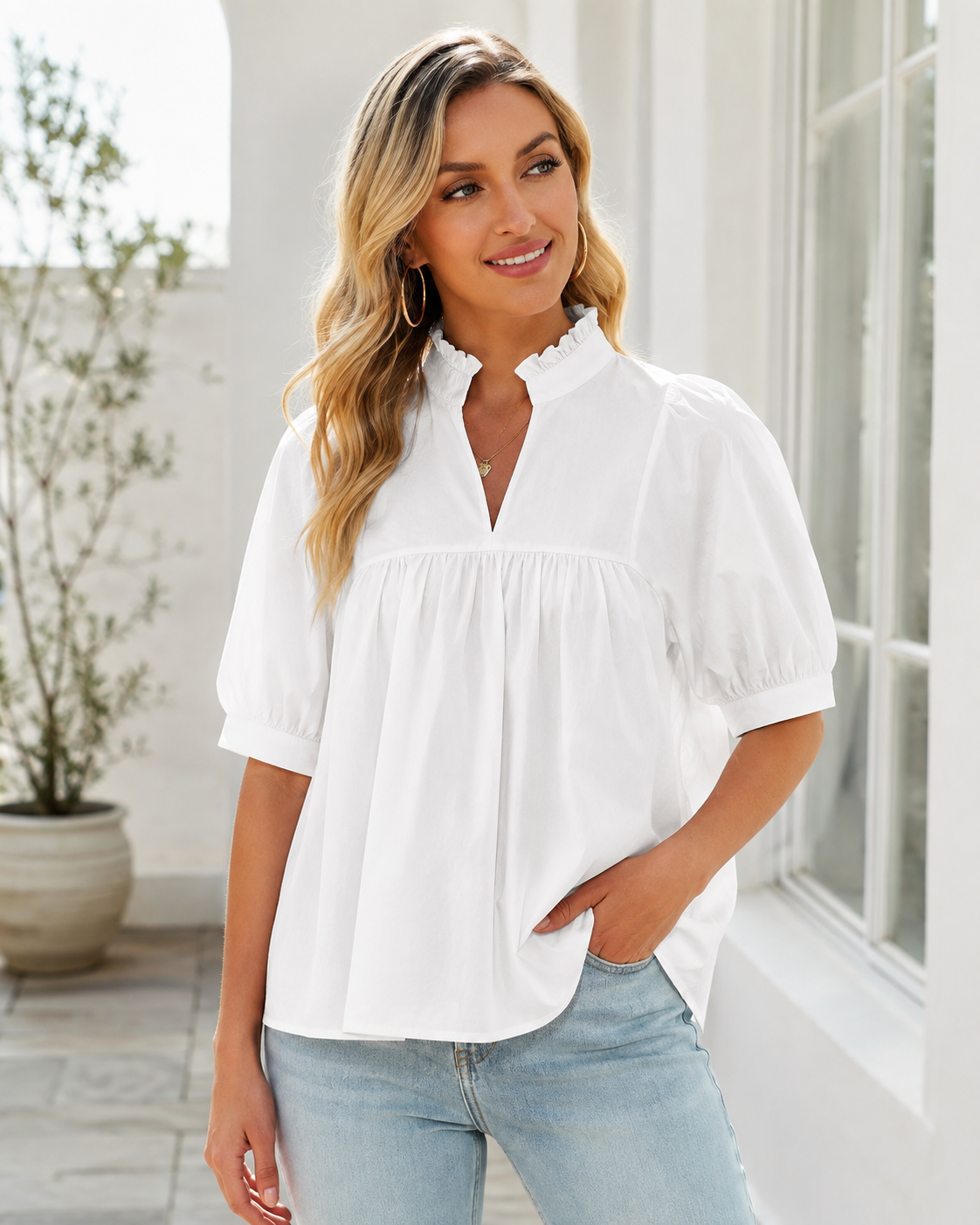 Woman wearing white blouse