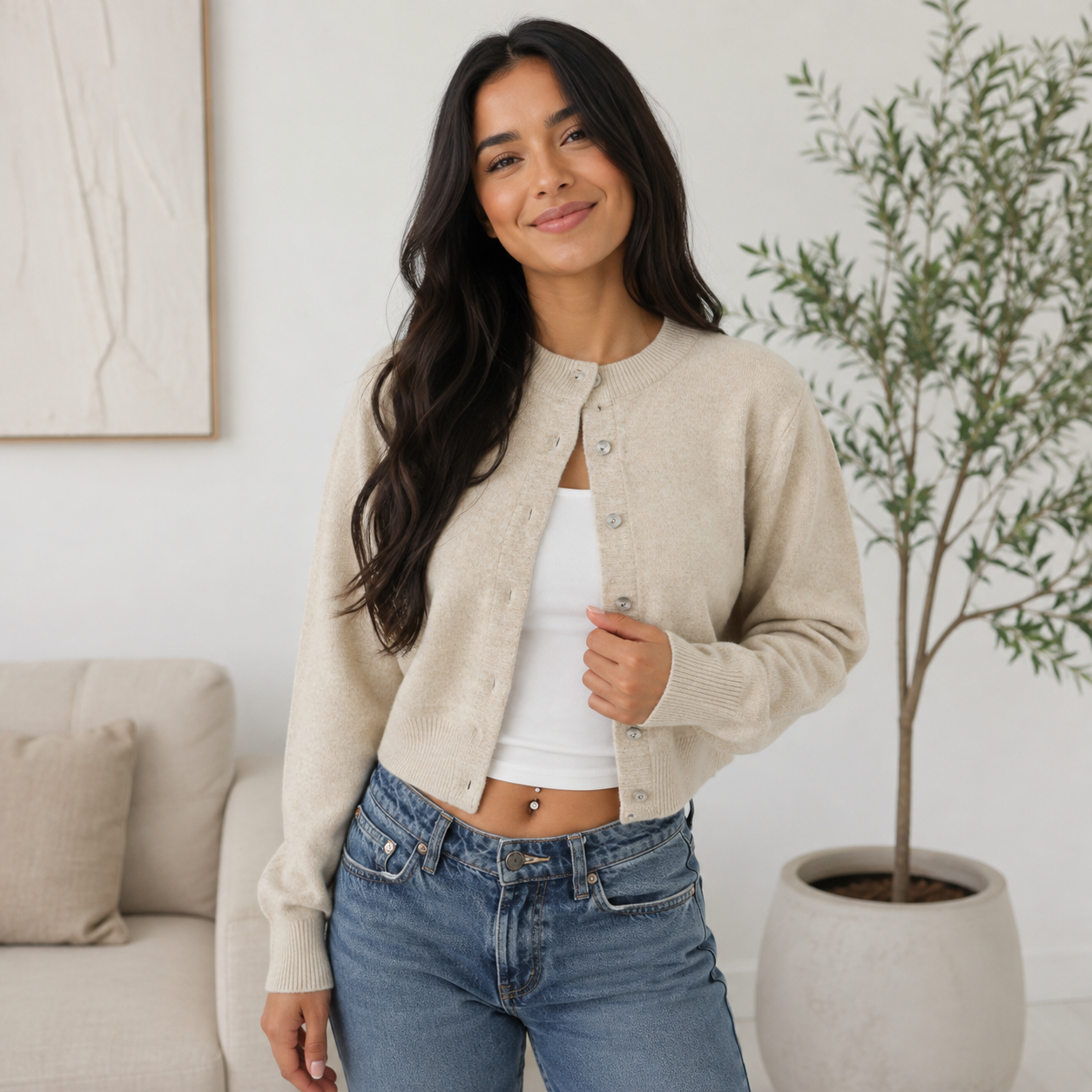 Women's Knitting Basic Long-Sleeve Cardigan - Round Neck Button-Front Short Jacket