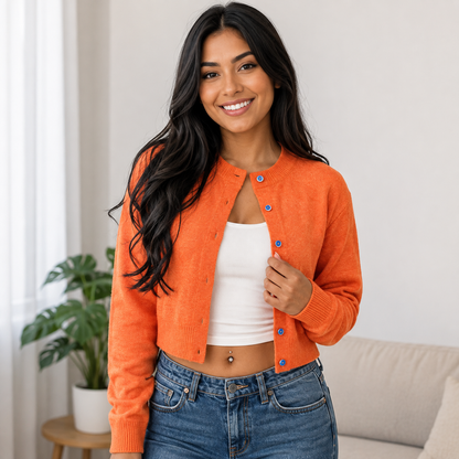 Women's Knitting Basic Long-Sleeve Cardigan - Round Neck Button-Front Short Jacket
