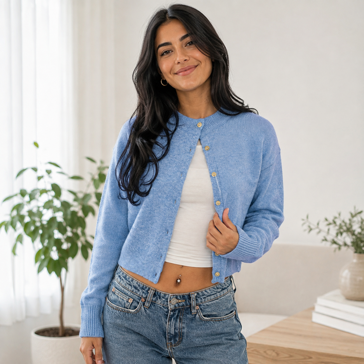 Women's Knitting Basic Long-Sleeve Cardigan - Round Neck Button-Front Short Jacket