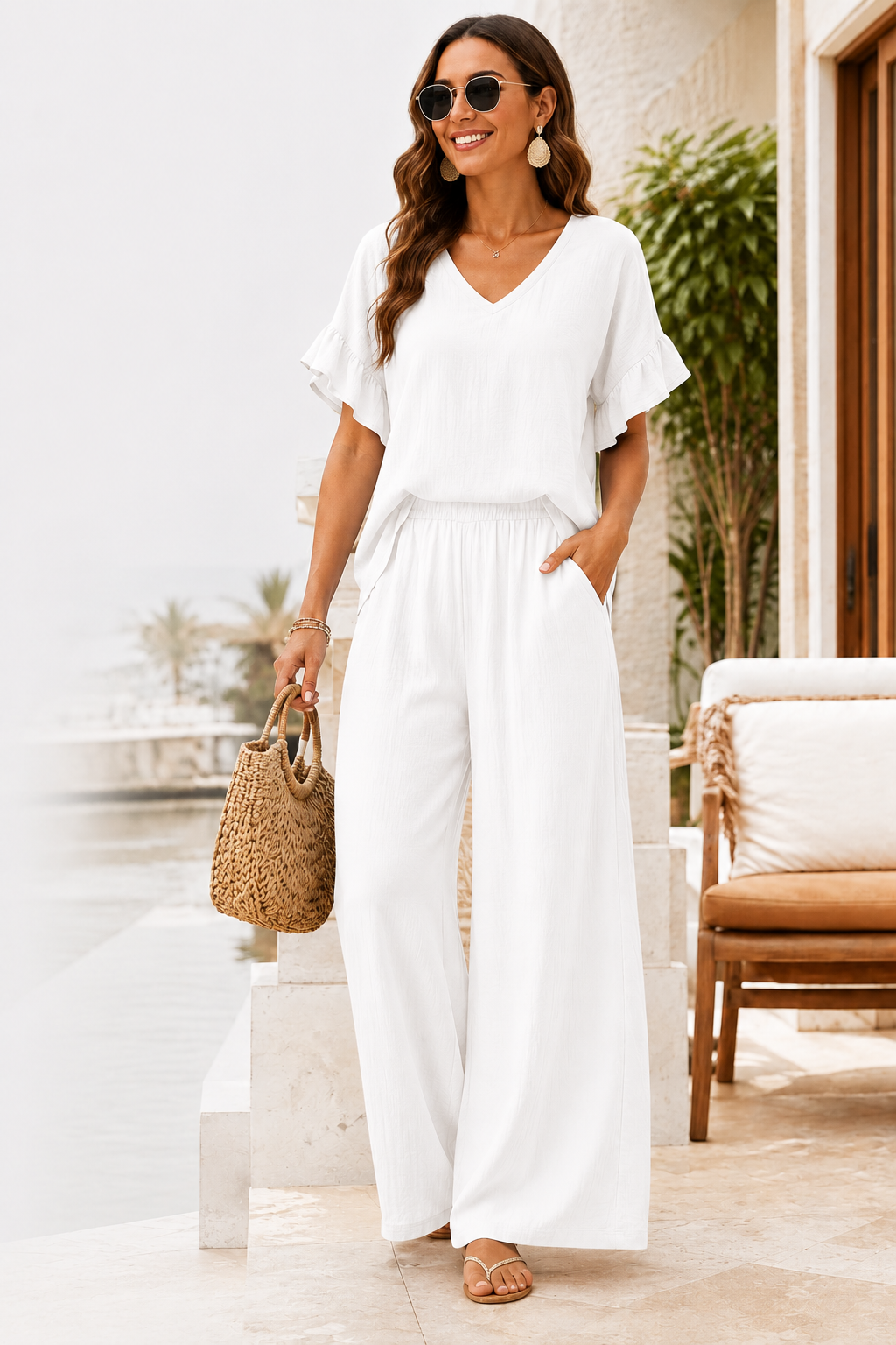 Women's Breezy Ruffle-Sleeve V-Neck Top & Wide-Leg Pants Set