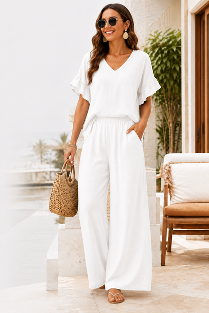 Women's Breezy Ruffle-Sleeve V-Neck Top & Wide-Leg Pants Set
