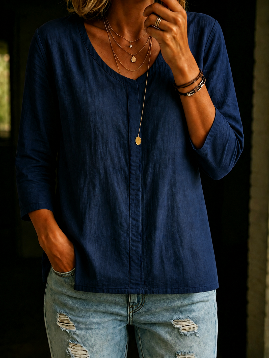 Women's 100% Cotton Split Neck  3/4 Sleeve Shirt