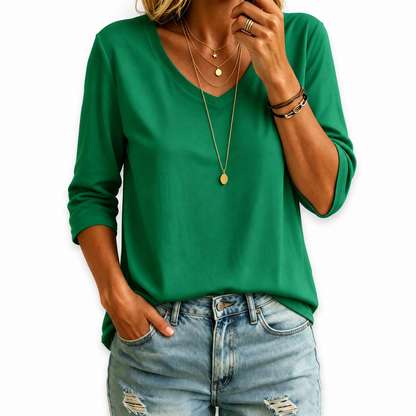 Women's 100% Cotton V Neck  3/4 Sleeve Shirt