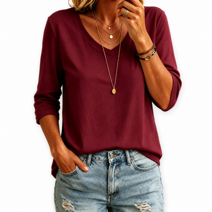 Women's 100% Cotton V Neck  3/4 Sleeve Shirt
