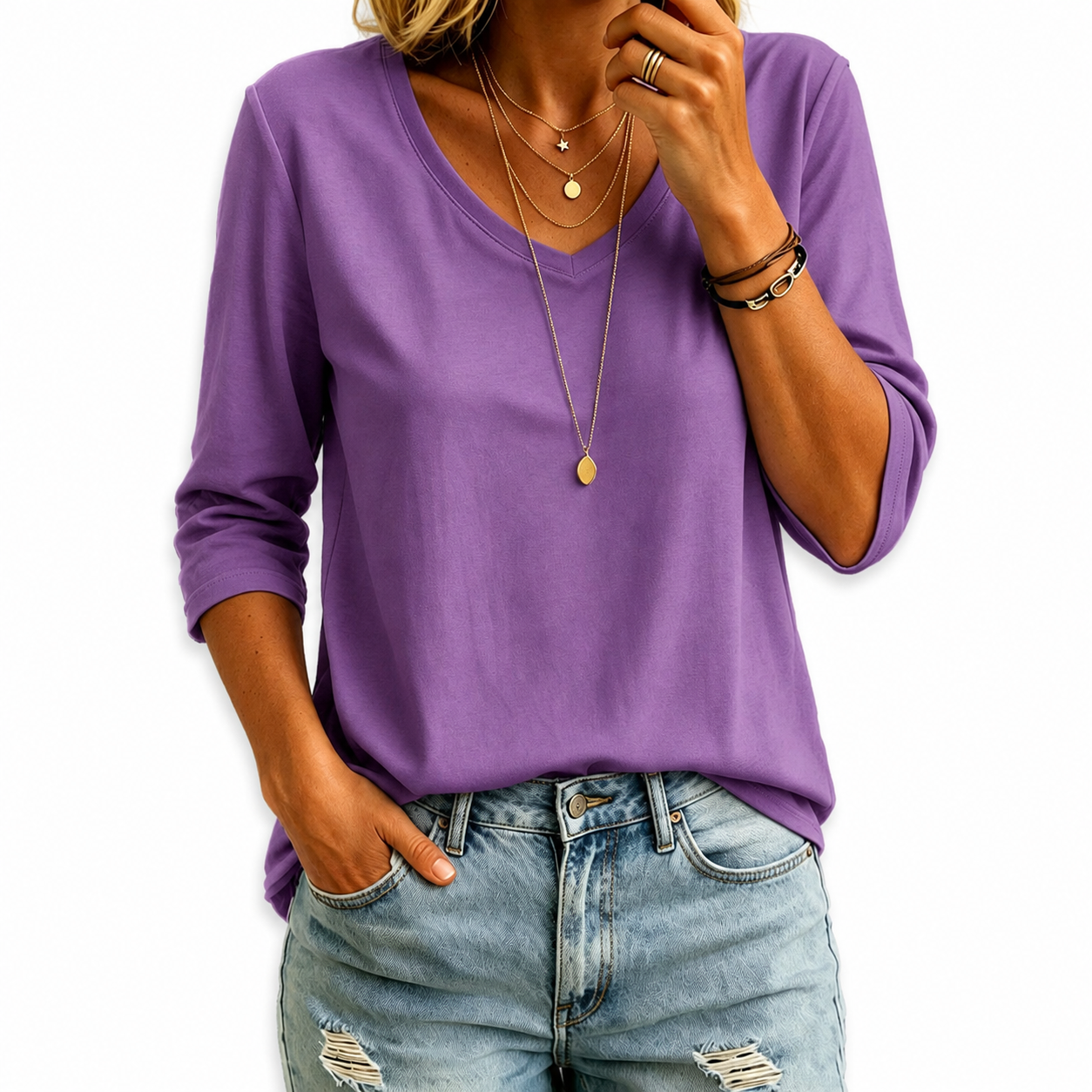 Women's 100% Cotton V Neck  3/4 Sleeve Shirt