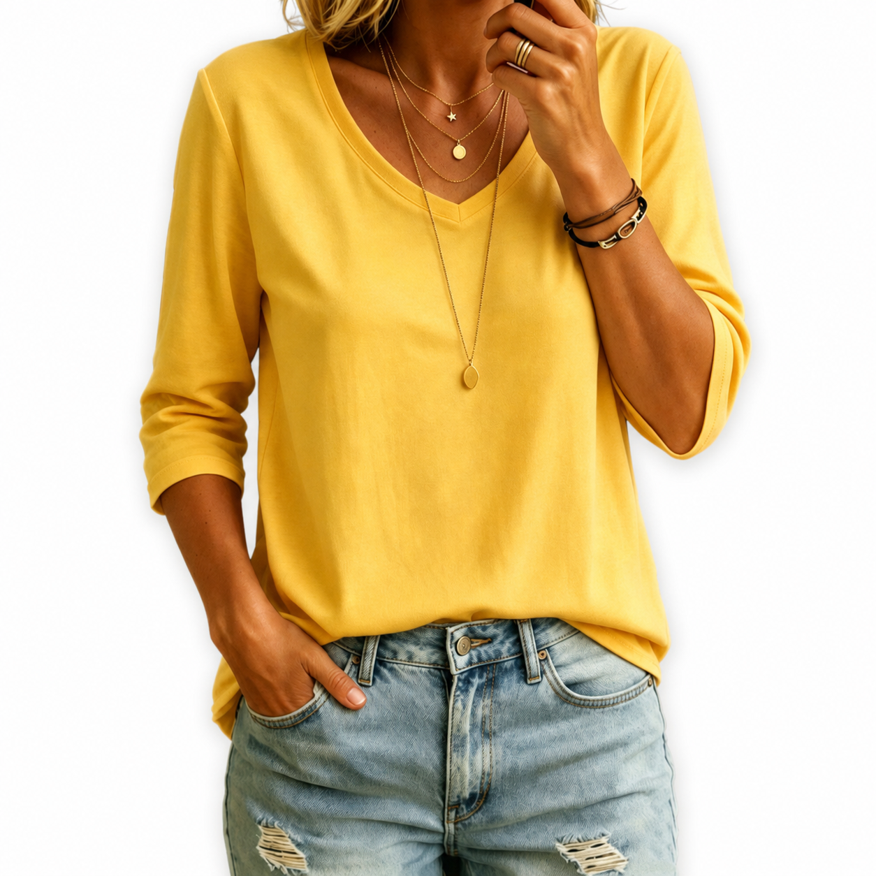 Women's 100% Cotton V Neck  3/4 Sleeve Shirt