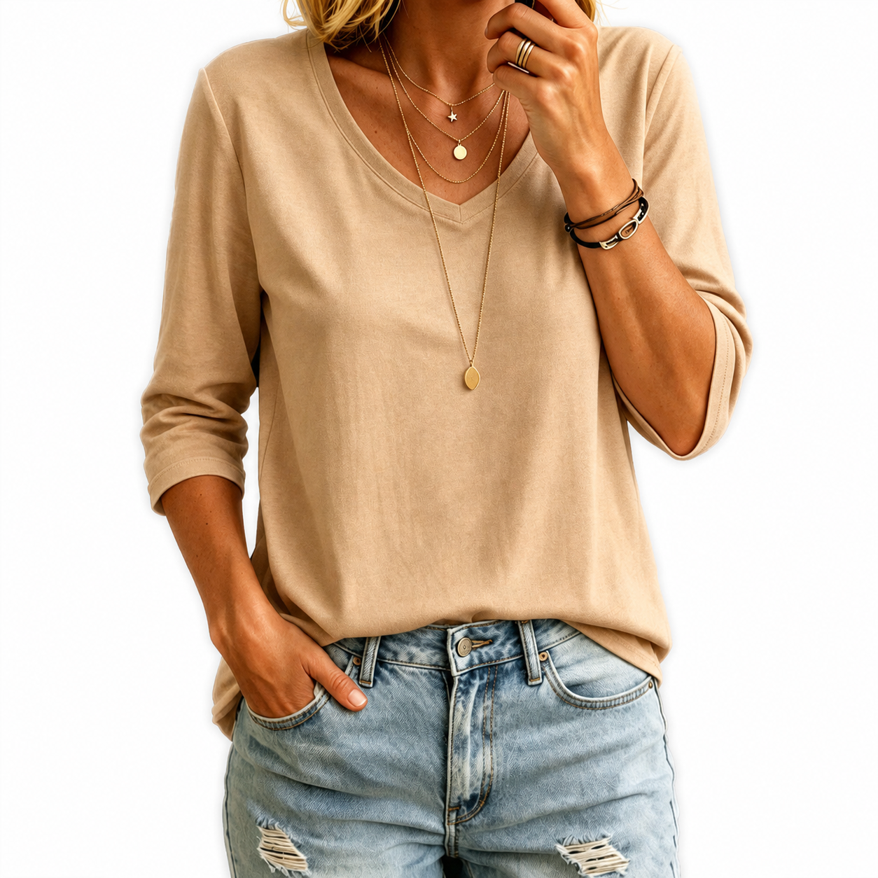 Women's 100% Cotton V Neck  3/4 Sleeve Shirt