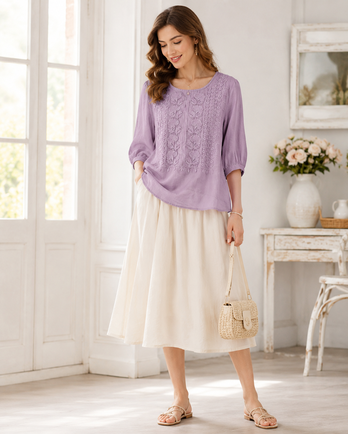Purple embroidered blouse styled with a cream skirt