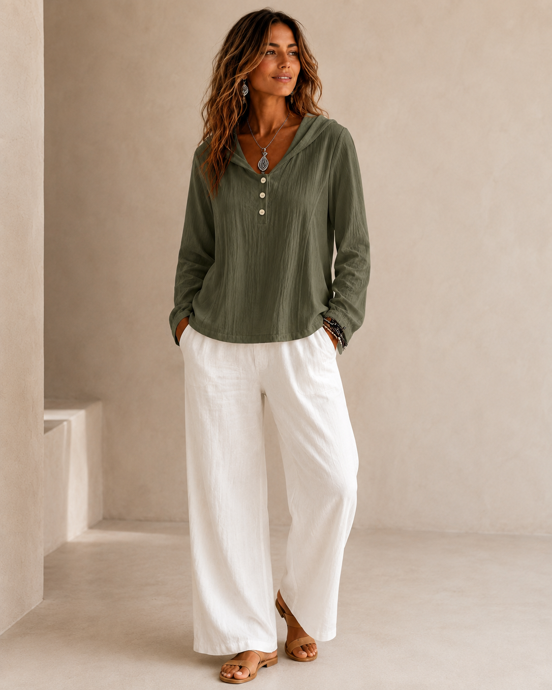 2026 New Women's Hooded Henley Crinkle Long Sleeve Blouse