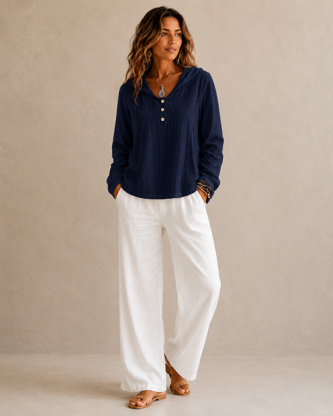2026 New Women's Hooded Henley Crinkle Long Sleeve Blouse