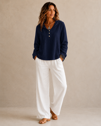 2026 New Women's Hooded Henley Crinkle Long Sleeve Blouse