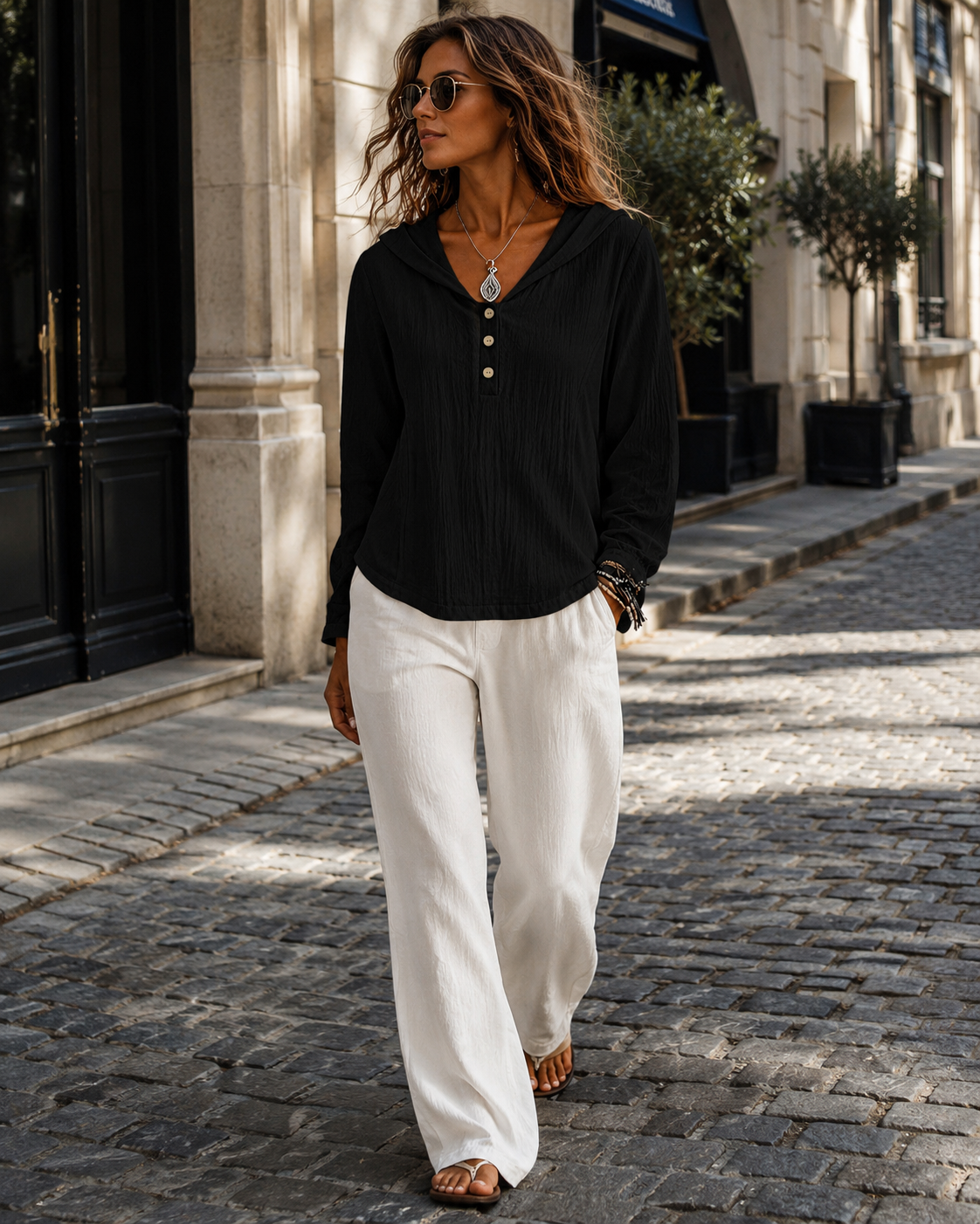 2026 New Women's Hooded Henley Crinkle Long Sleeve Blouse