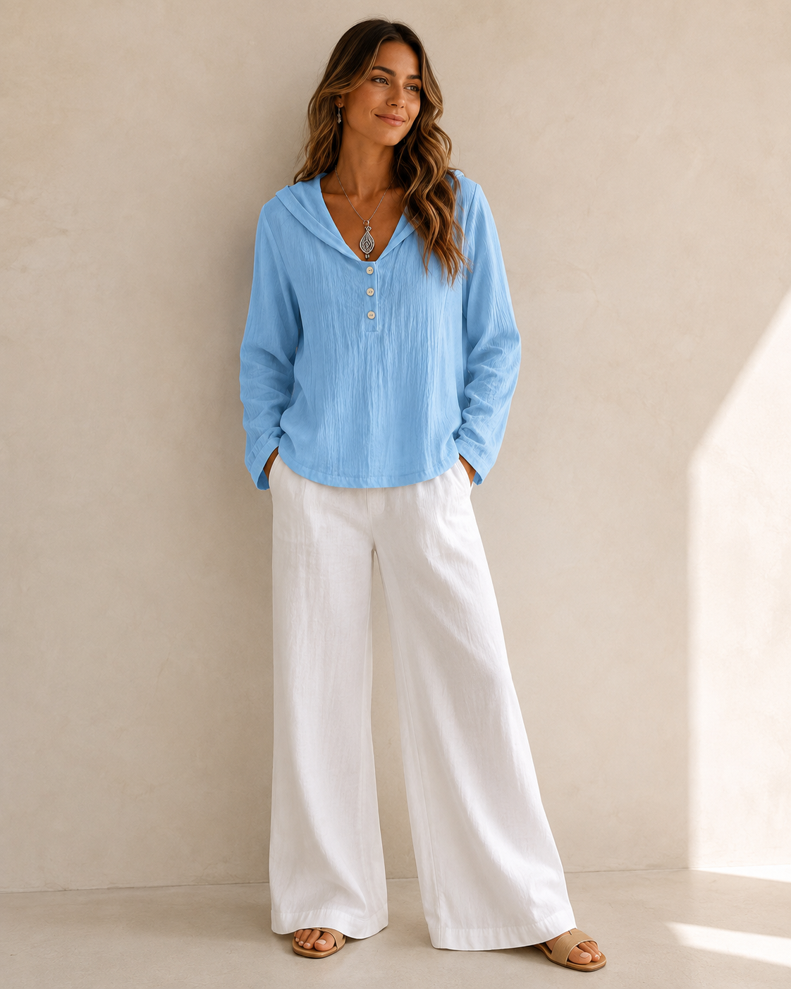 2026 New Women's Hooded Henley Crinkle Long Sleeve Blouse