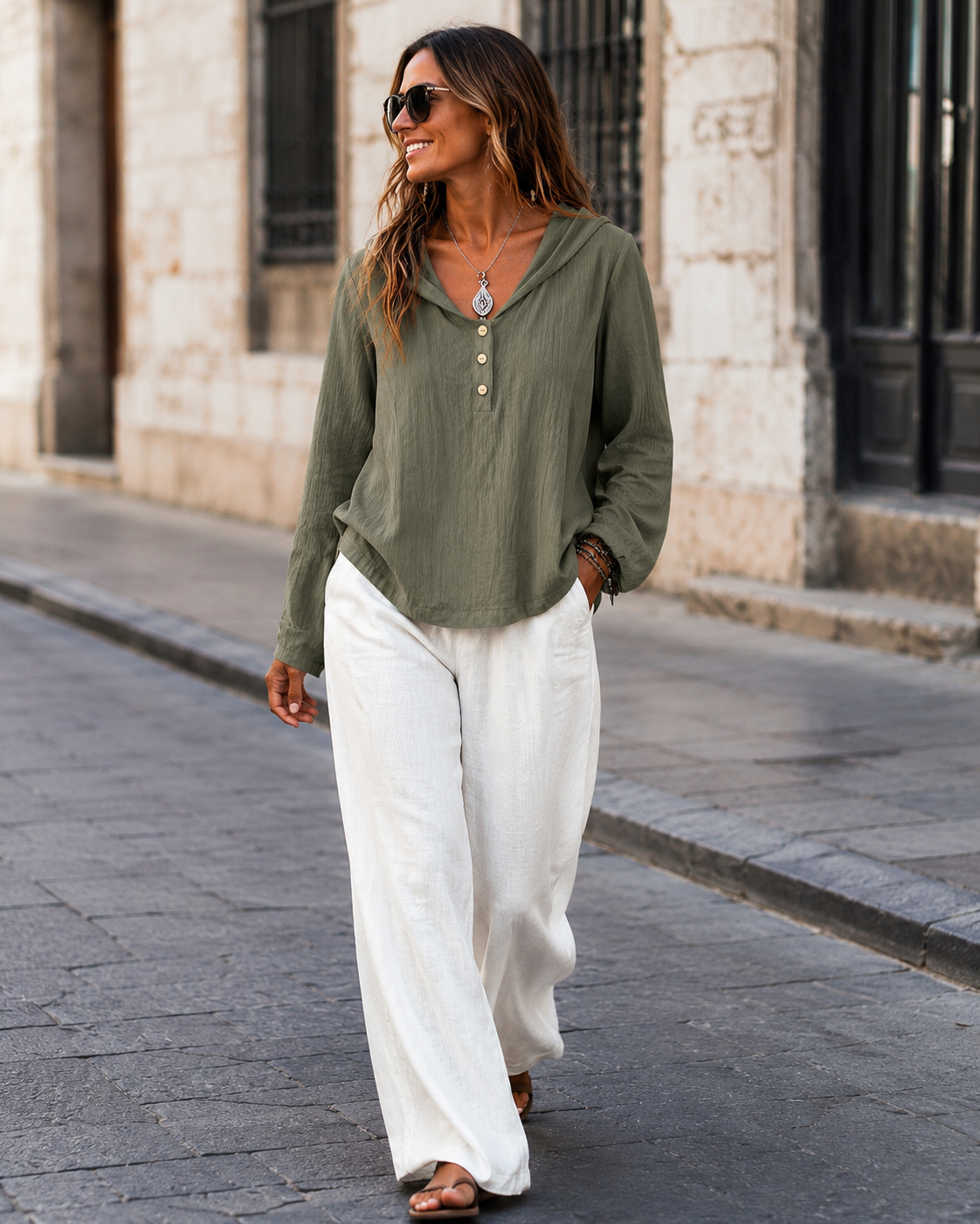 2026 New Women's Hooded Henley Crinkle Long Sleeve Blouse