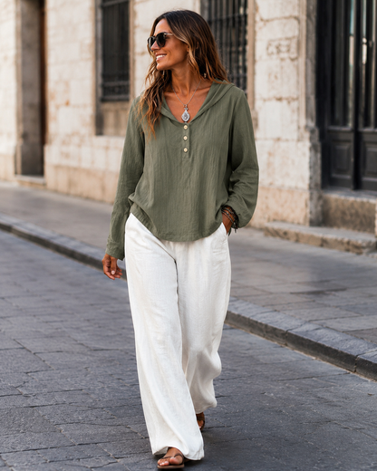 2026 New Women's Hooded Henley Crinkle Long Sleeve Blouse