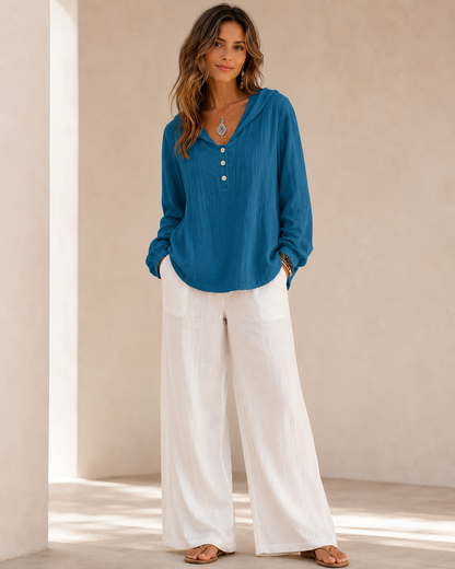 2026 New Women's Hooded Henley Crinkle Long Sleeve Blouse