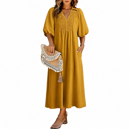 Women 2026 Casual Dresses V Neck Puff Sleeve Empire Waist A-Line Maxi Dress