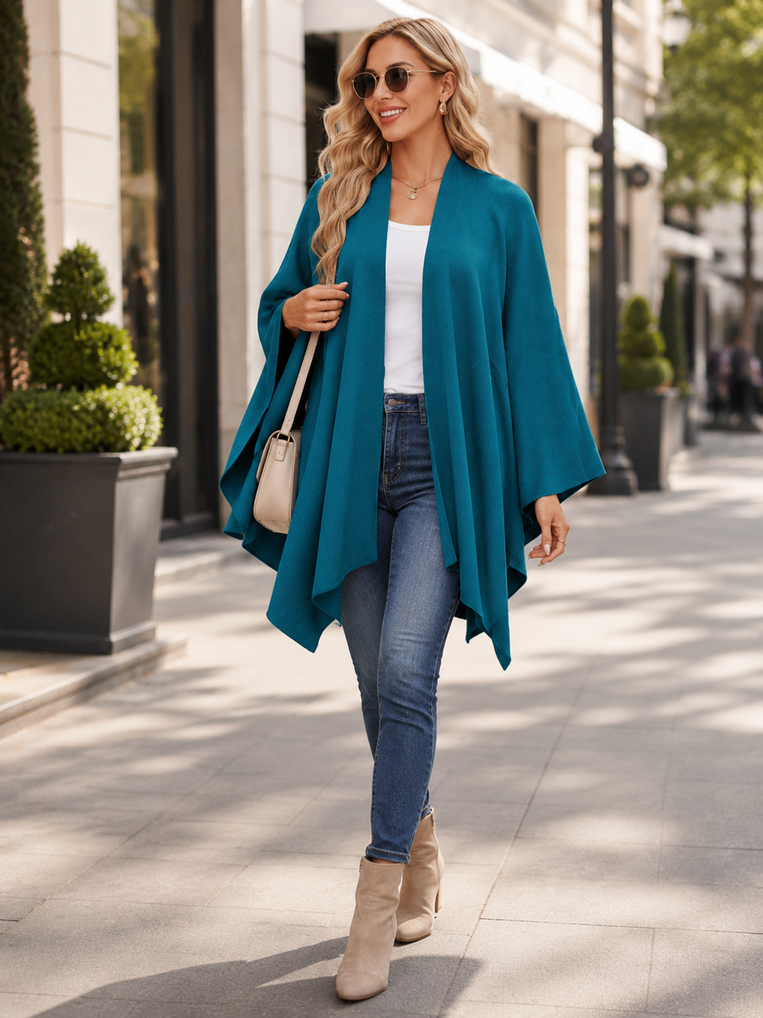 Elegant dark cyan open front soft knit poncho wrap