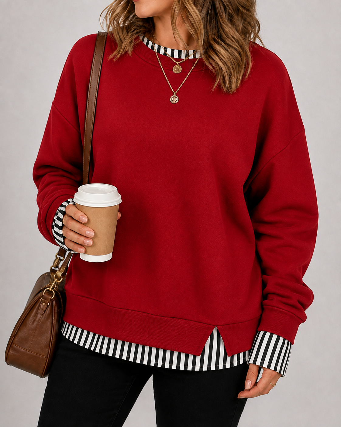 Women's Fake Two Piece Layered Crewneck Sweatshirt