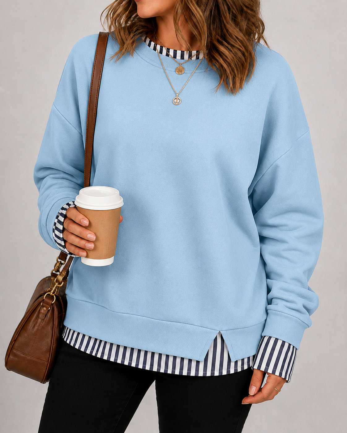 Women's Fake Two Piece Layered Crewneck Sweatshirt