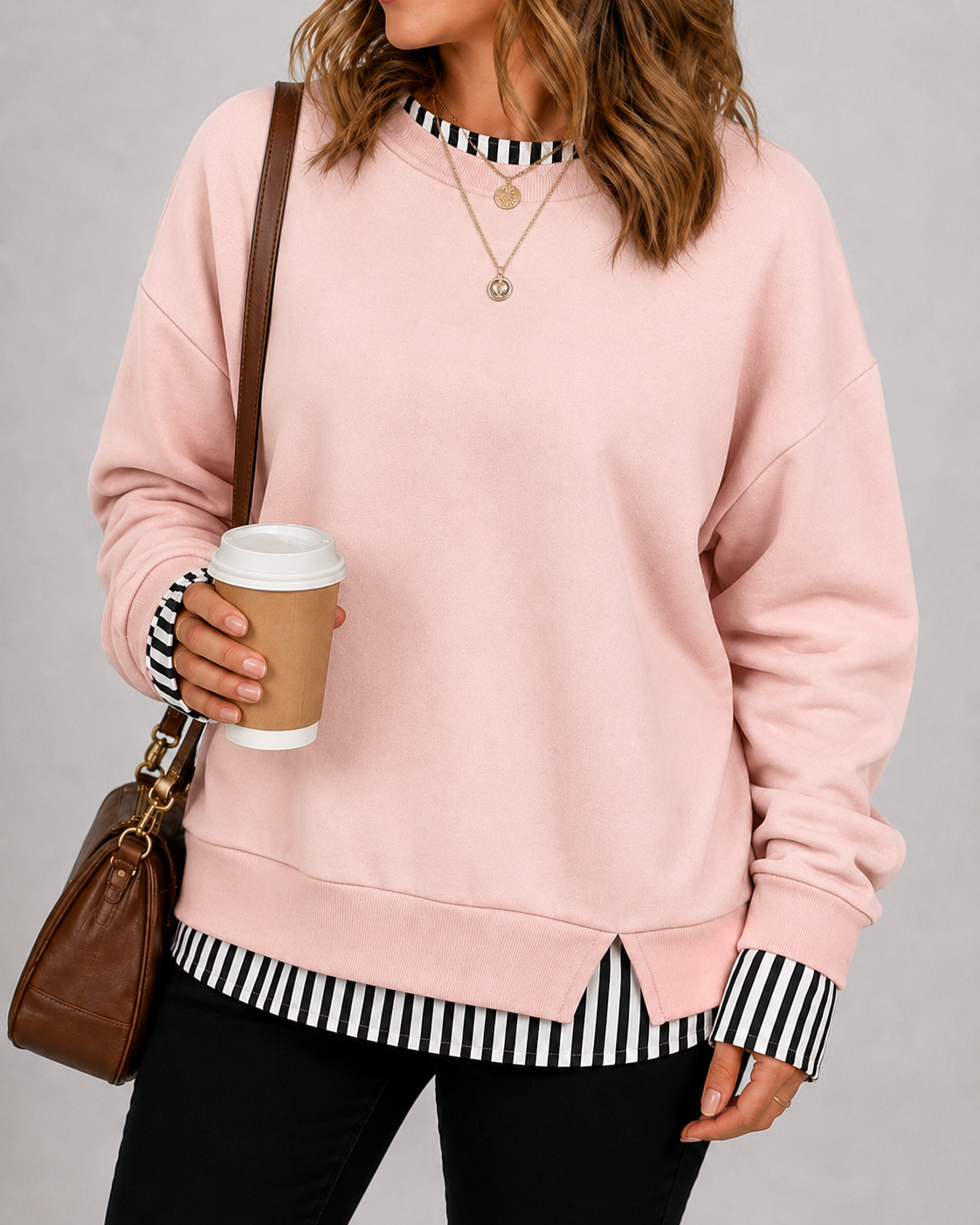 Women's Fake Two Piece Layered Crewneck Sweatshirt