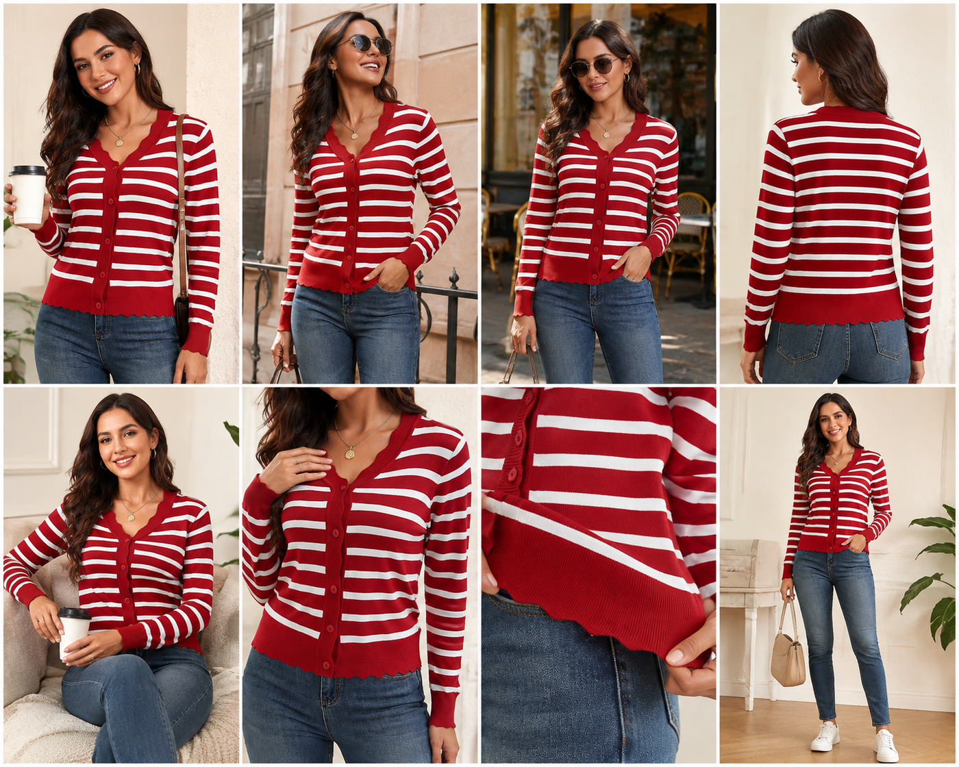 Striped red cardigan lifestyle and detail views