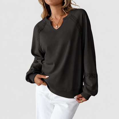 V-Neck Lace Spliced Long Sleeve Sweatshirt