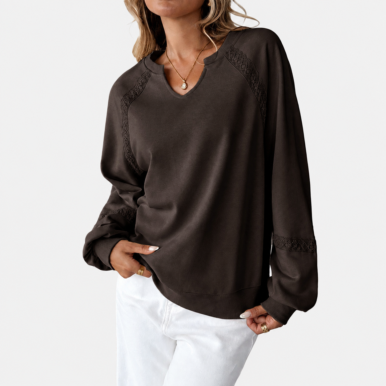 V-Neck Lace Spliced Long Sleeve Sweatshirt