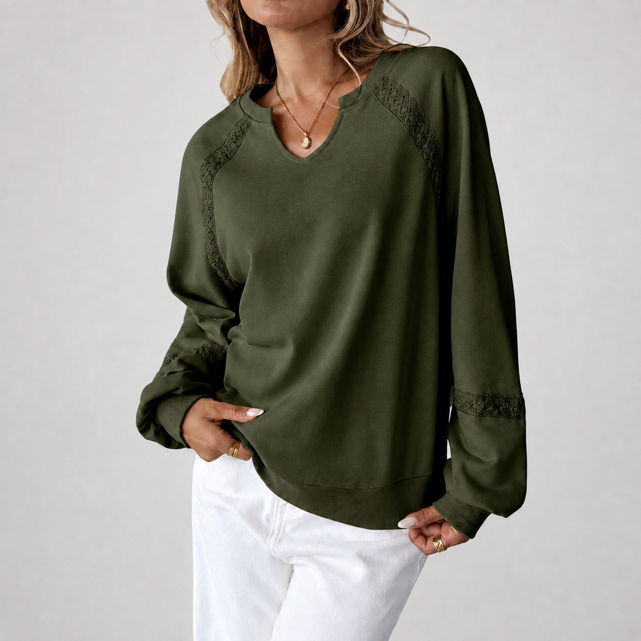 V-Neck Lace Spliced Long Sleeve Sweatshirt