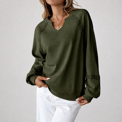 V-Neck Lace Spliced Long Sleeve Sweatshirt