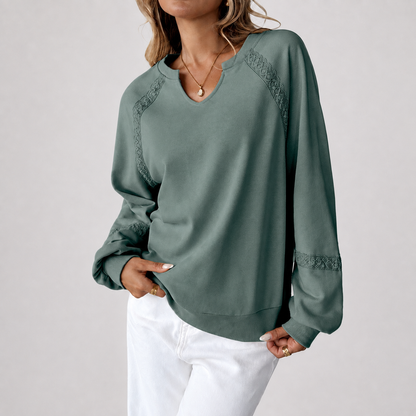 V-Neck Lace Spliced Long Sleeve Sweatshirt