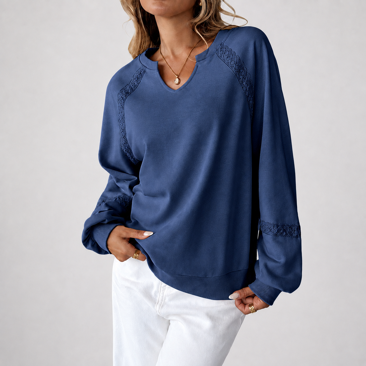 V-Neck Lace Spliced Long Sleeve Sweatshirt