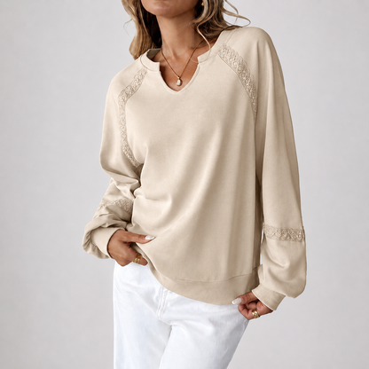 V-Neck Lace Spliced Long Sleeve Sweatshirt