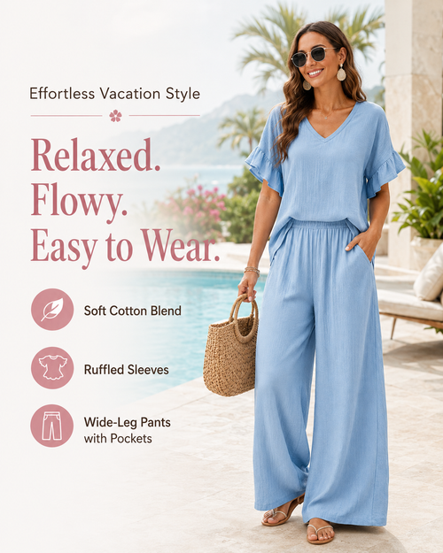 Women's Breezy Ruffle-Sleeve V-Neck Top & Wide-Leg Pants Set