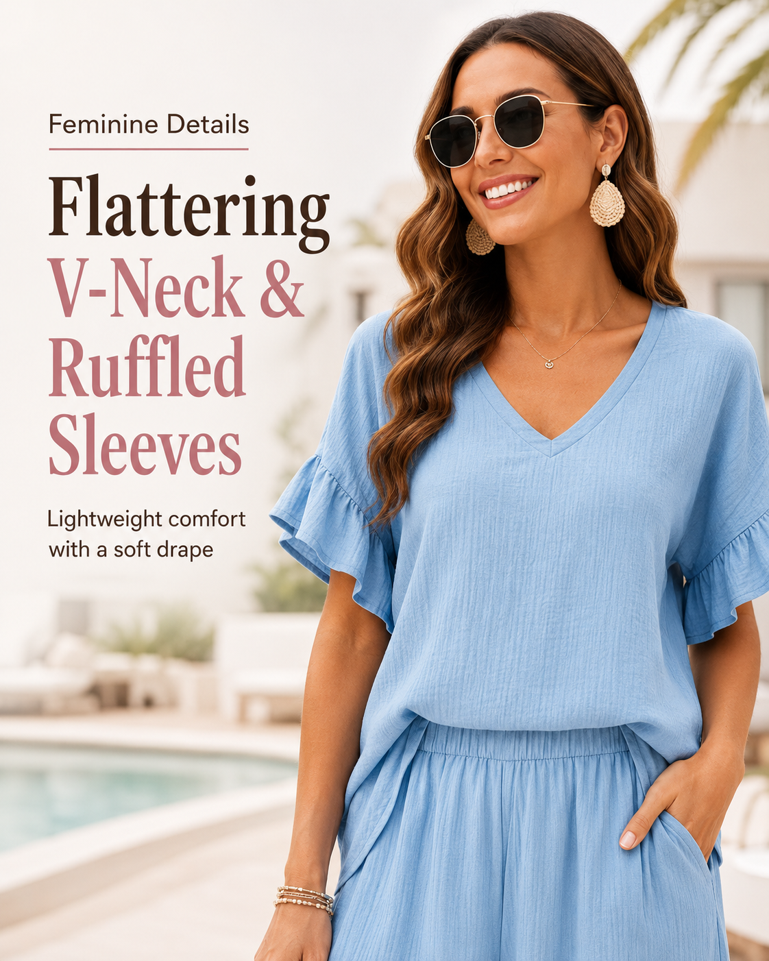 Women's Breezy Ruffle-Sleeve V-Neck Top & Wide-Leg Pants Set